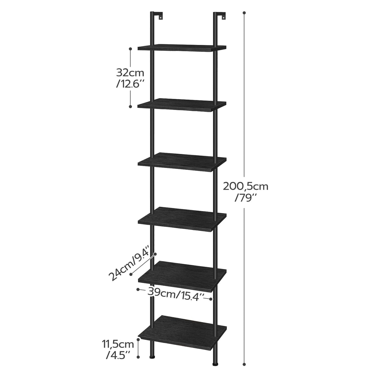 Black 6-Tier Wooden Wall Mounted Ladder Shelf J287261