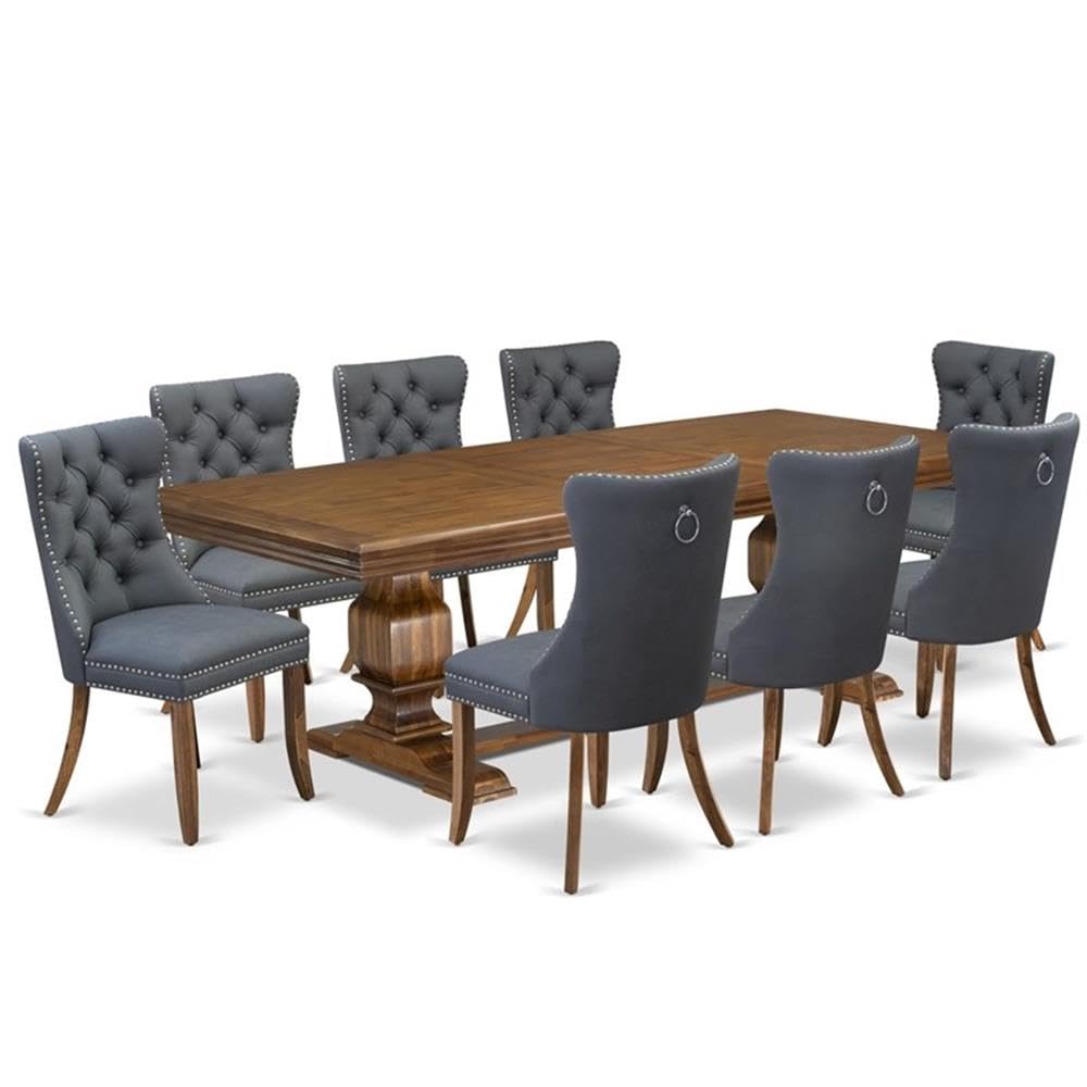 9-Piece Acacia Wood Dining Table Set with 8 Faux Leather Chairs V378