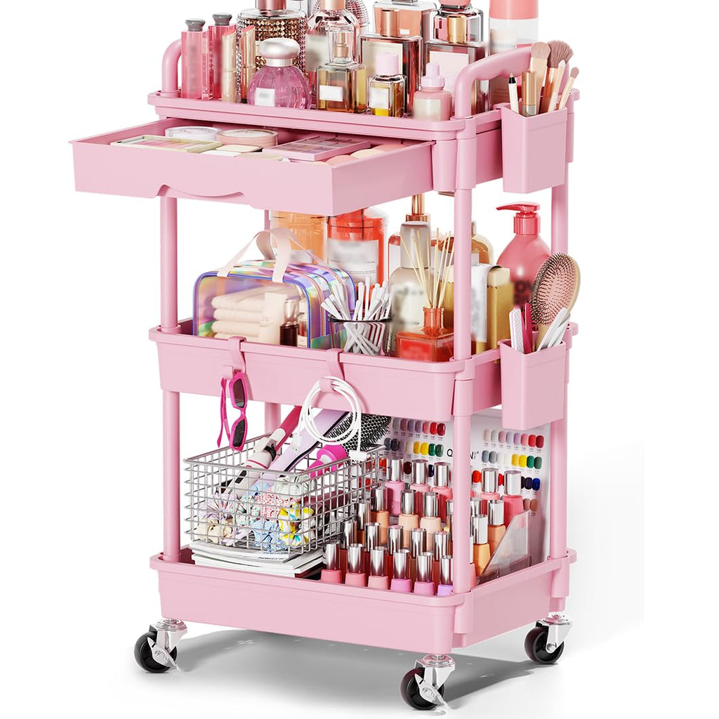 Pink 3 Tier Rolling Makeup Organizer Cart V7449