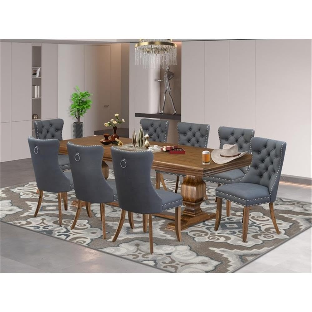 9-Piece Acacia Wood Dining Table Set with 8 Faux Leather Chairs V378