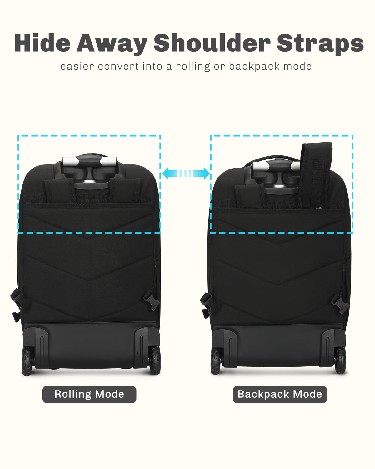 Rolling Backpack with Wheels 43L with Waist Pack Black K102