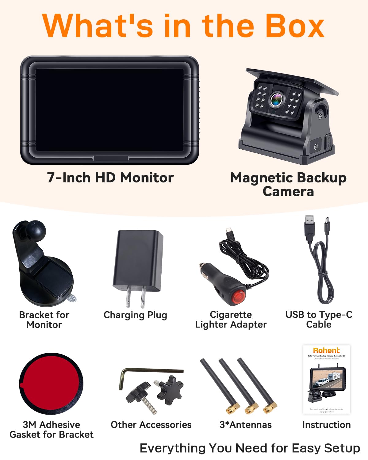 Wireless Solar Magnetic Backup Camera 7-Inch DVR Monitor 1080P HD Night Vision D628