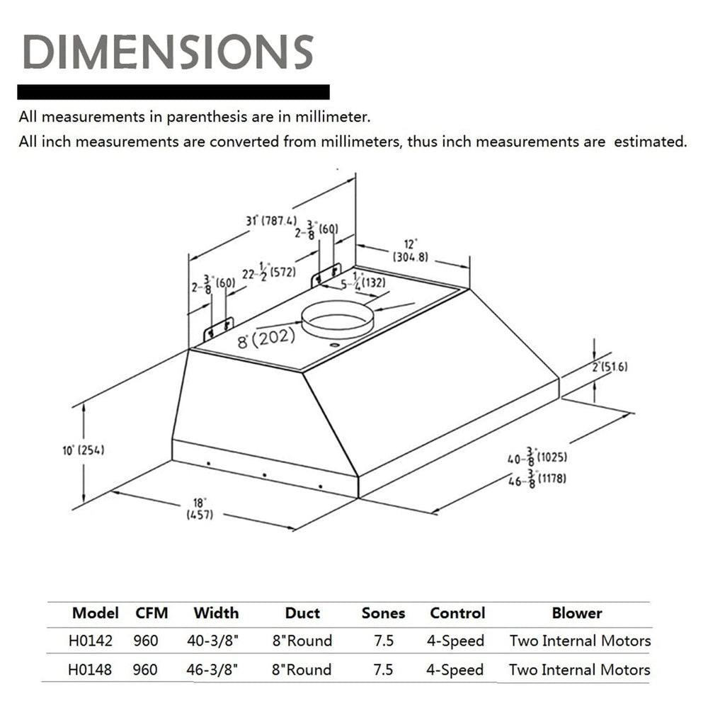 48 inch Stainless Steel Built-in Range Hood with Liner and Baffle Filter U3865
