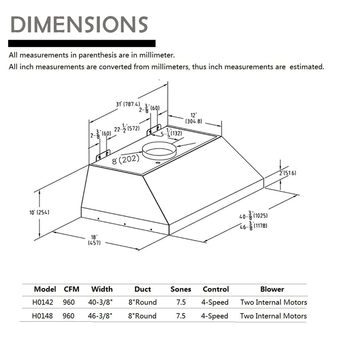 48 inch Stainless Steel Built-in Range Hood with Liner and Baffle Filter U3865