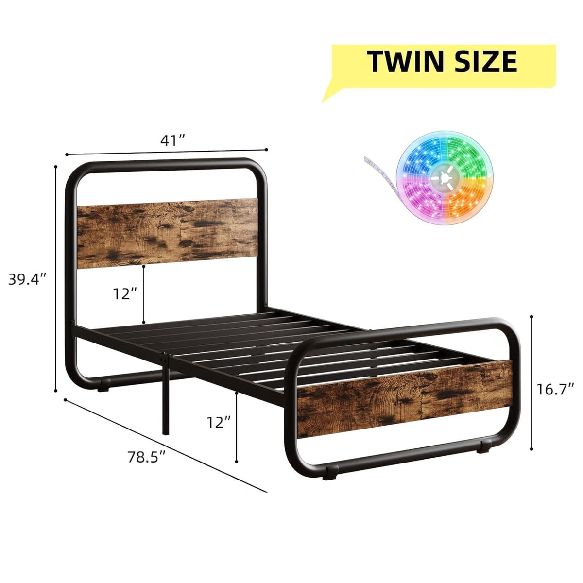 Brown Metal Platform Twin Bed Frame with Wood Headboard Z86479