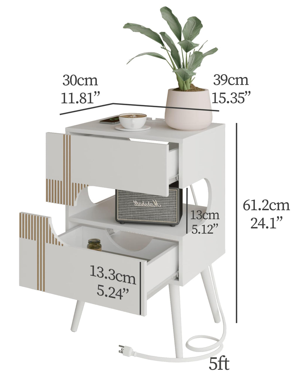 White Nightstand with Charging Station and LED Lights, 2 Storage Drawer Q70921