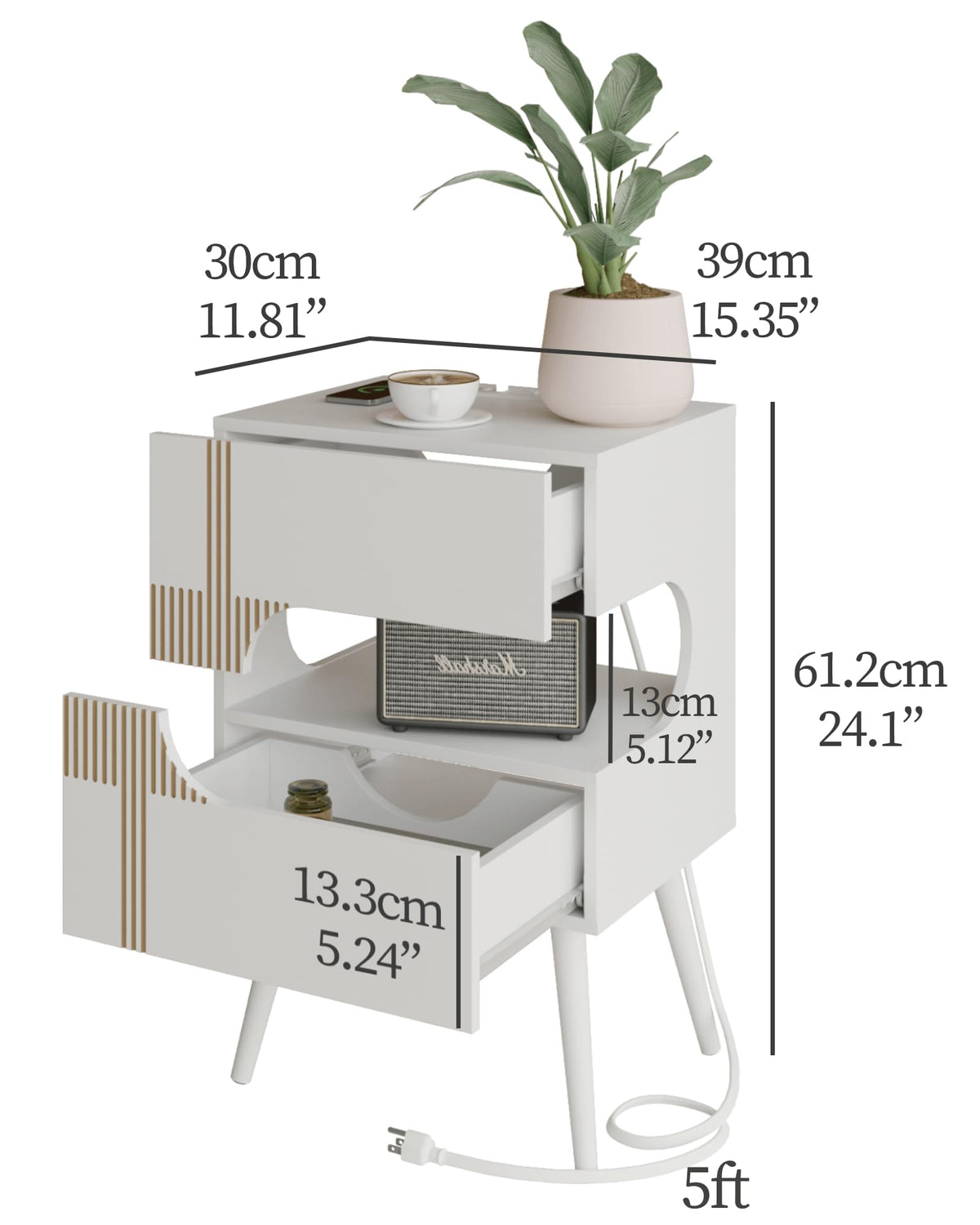 White Nightstand with Charging Station and LED Lights, 2 Storage Drawer Q70921