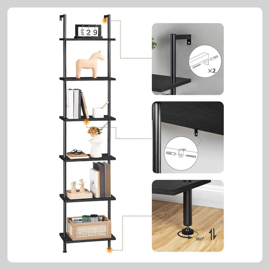 Black 6-Tier Wooden Wall Mounted Ladder Shelf J287261