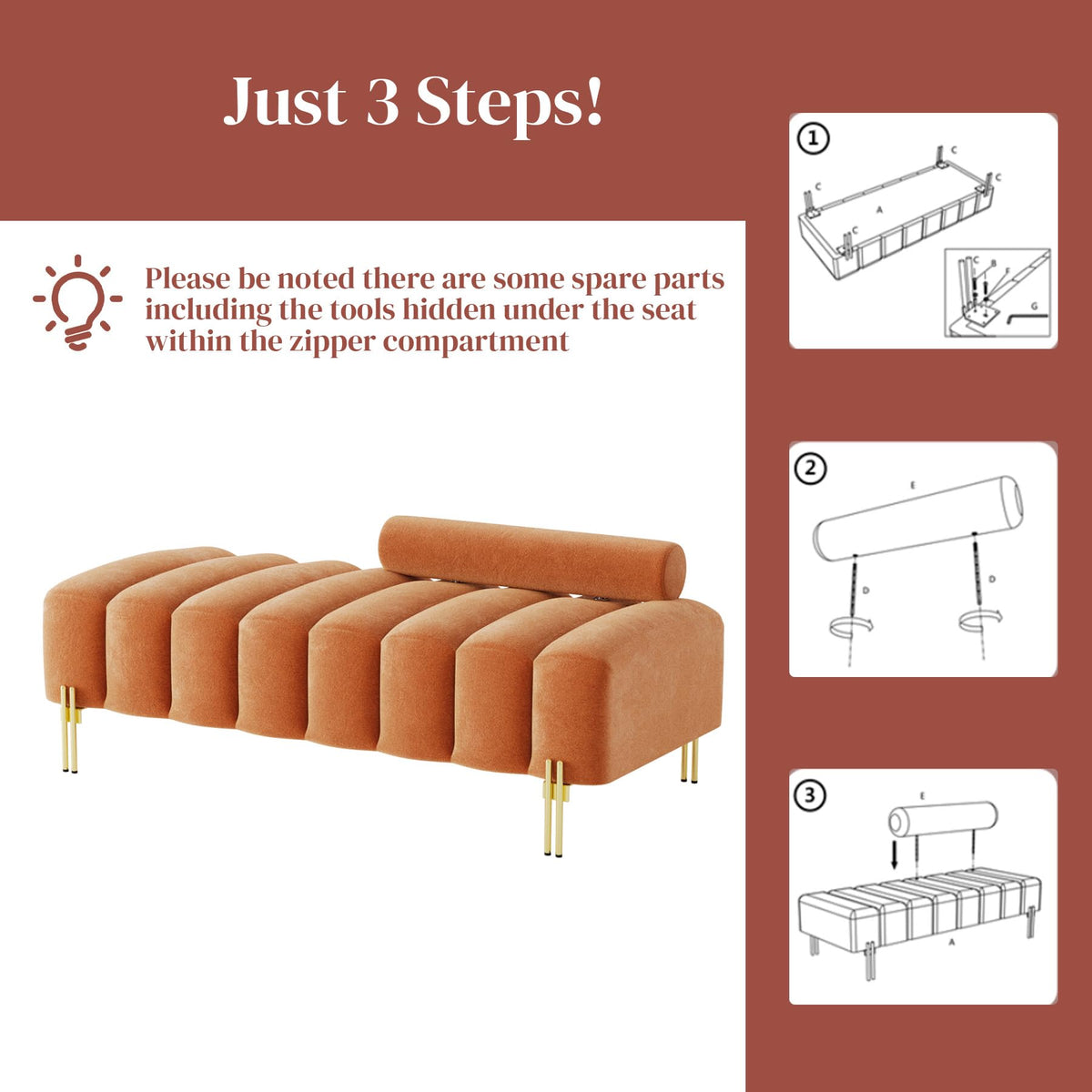 Velvet Upholstered Bench Ottoman with Adjustable Backrest L819448