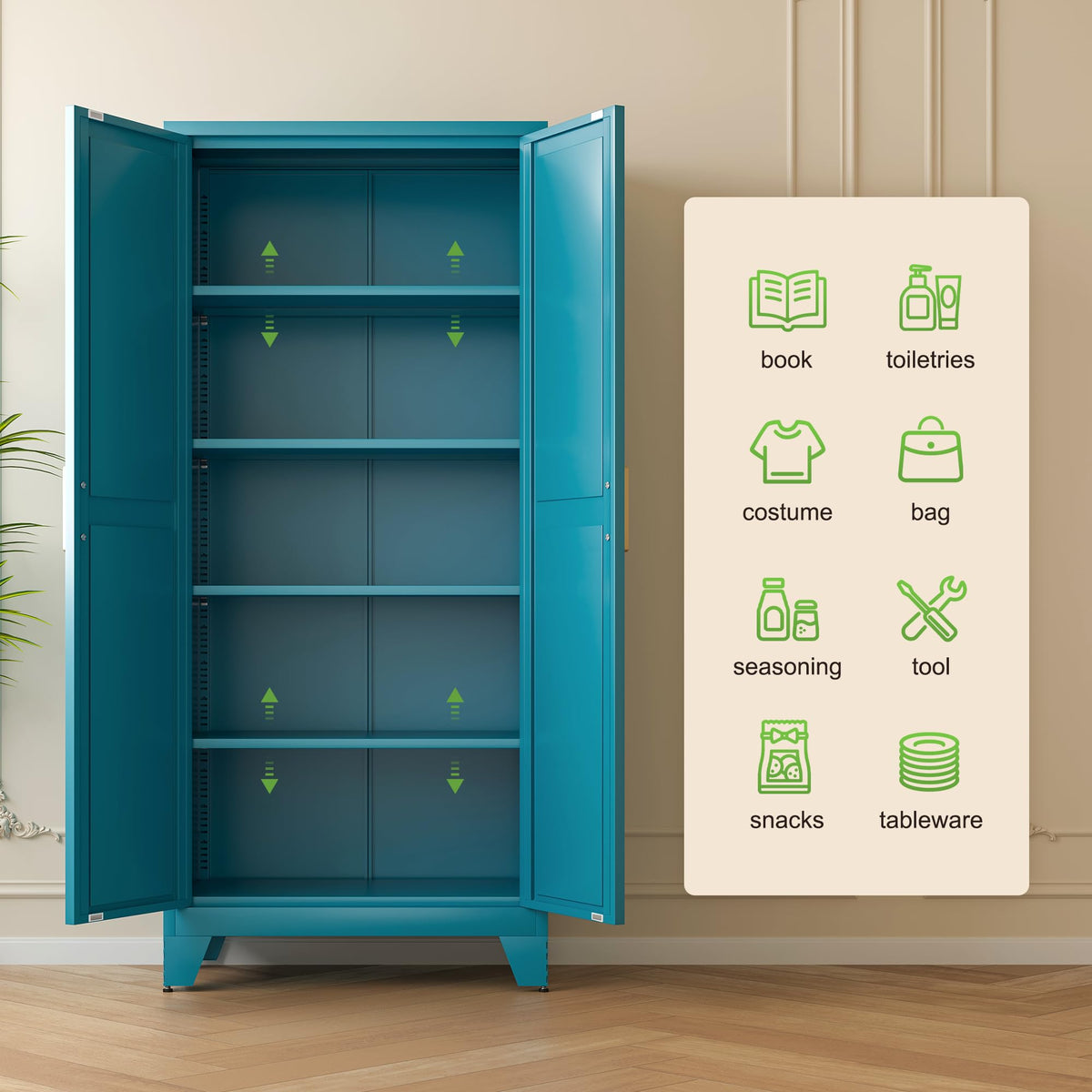 71'' Peacock Blue Metal Storage Cabinet with 4 Adjustable Shelves W245361