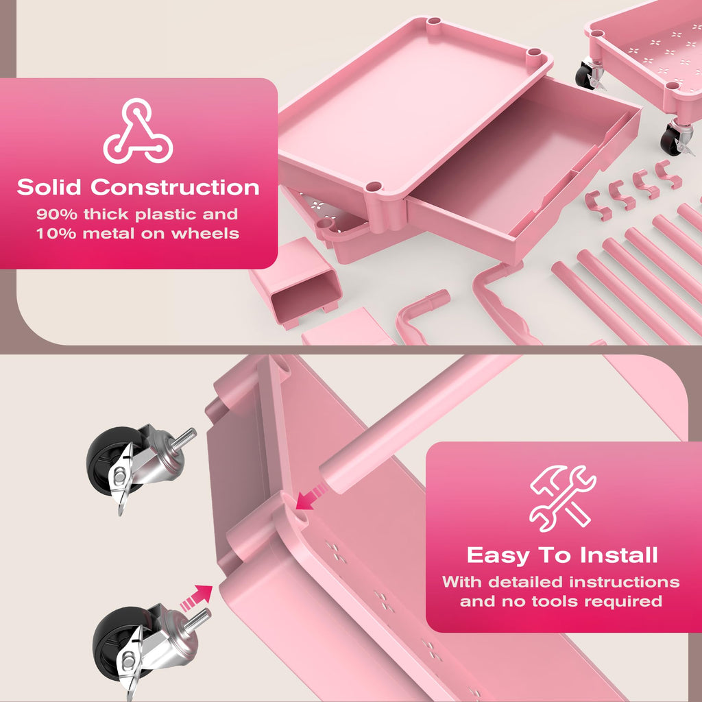 Pink 3 Tier Rolling Makeup Organizer Cart V7449