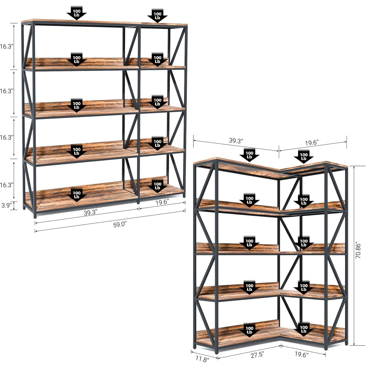 L Shaped 5 Tier Corner Bookshelf with Light M234014
