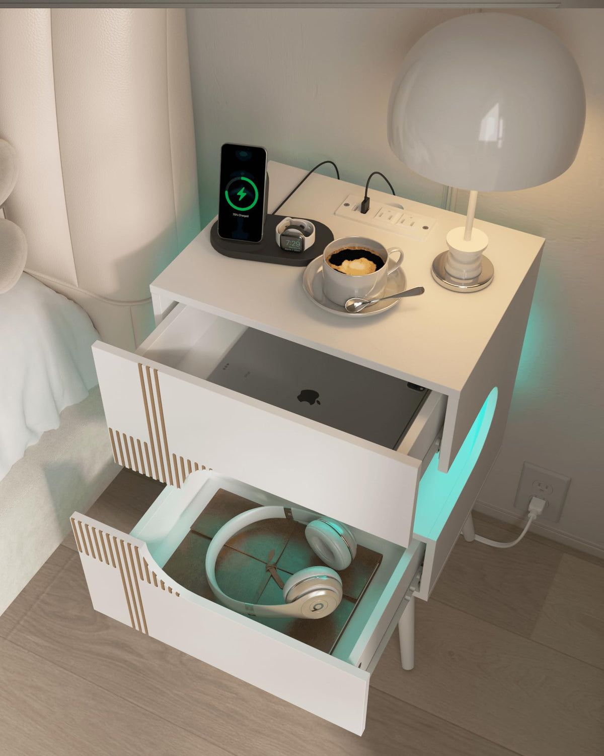 White Nightstand with Charging Station and LED Lights, 2 Storage Drawer Q70921