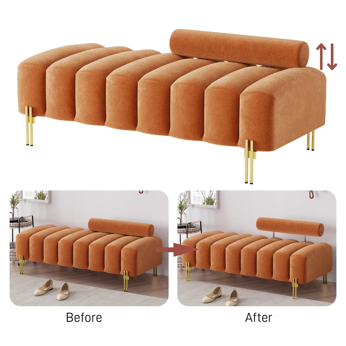 Velvet Upholstered Bench Ottoman with Adjustable Backrest L819448