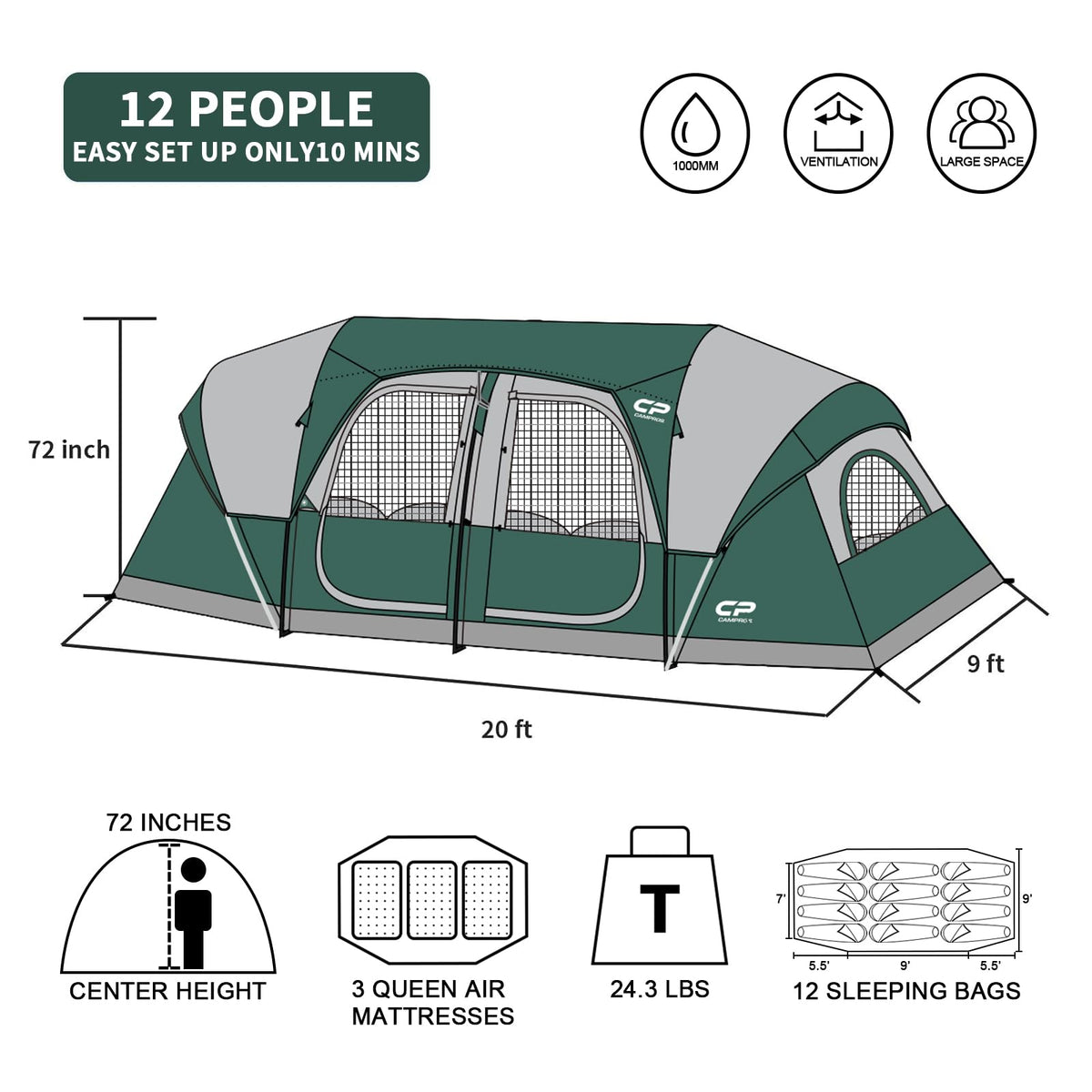 12 Person 3-Room Waterproof Camping Tent I434863