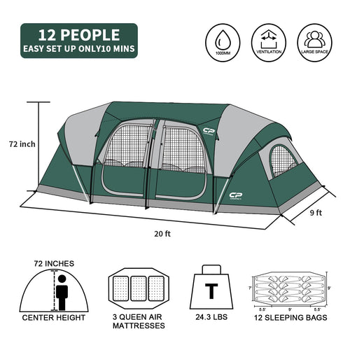 12 Person 3-Room Waterproof Camping Tent I434863