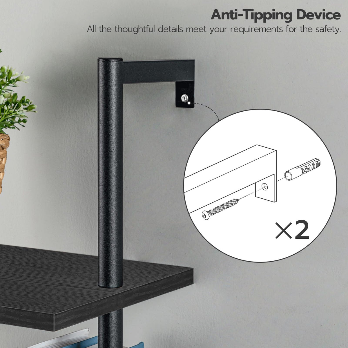 Black 6-Tier Wooden Wall Mounted Ladder Shelf J287261