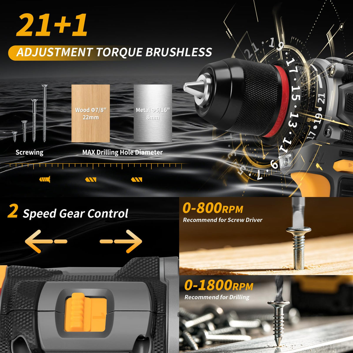 Cordless Drill Set 21V Brushless with 2 x 2.0Ah Battery U797128
