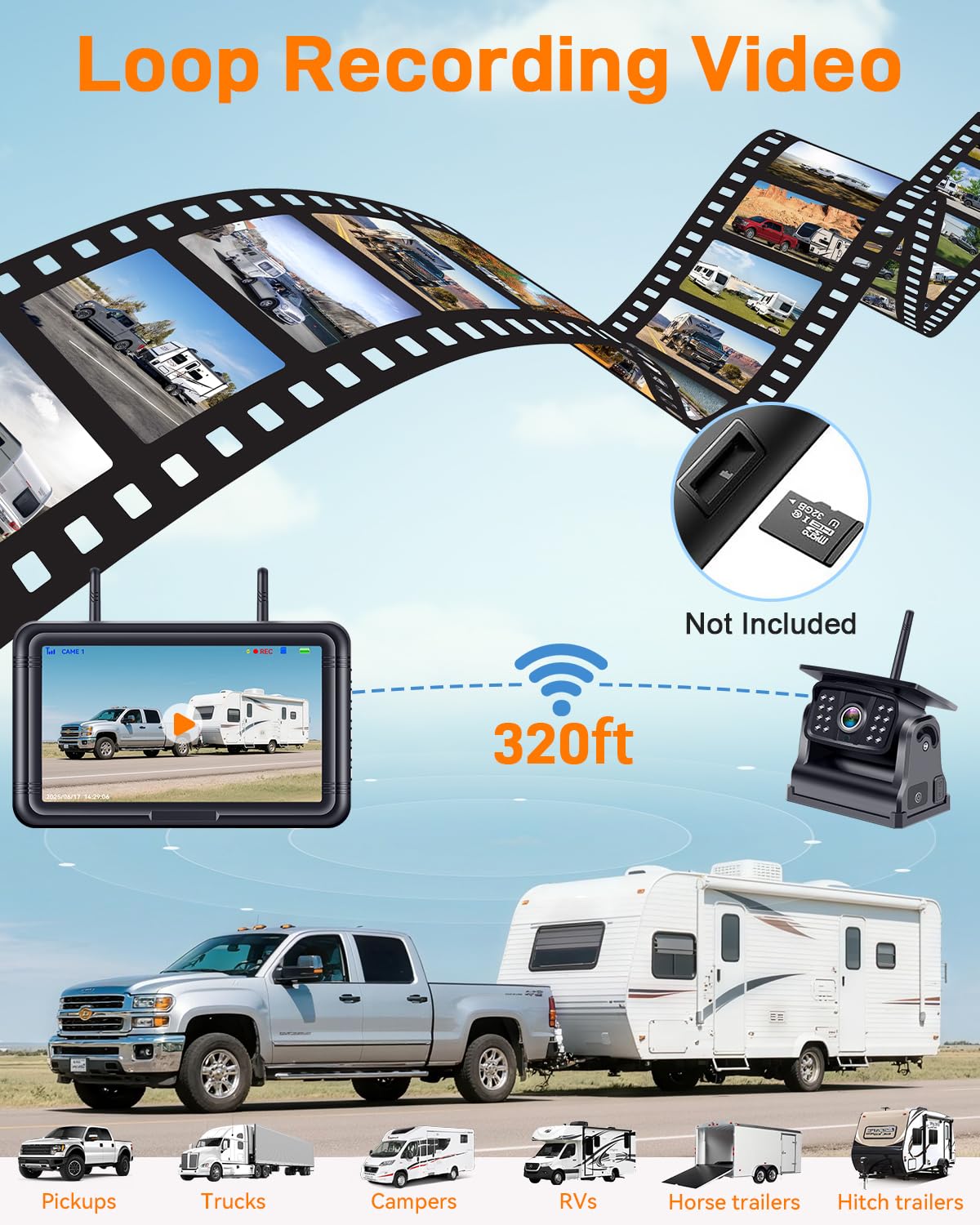 Wireless Solar Magnetic Backup Camera 7-Inch DVR Monitor 1080P HD Night Vision D628