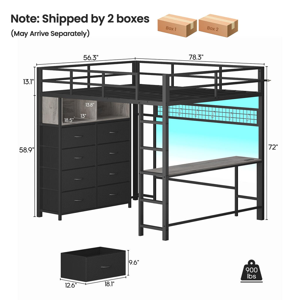 Full Size Loft Bed with Desk and 8 Storage Drawers Grey G40042