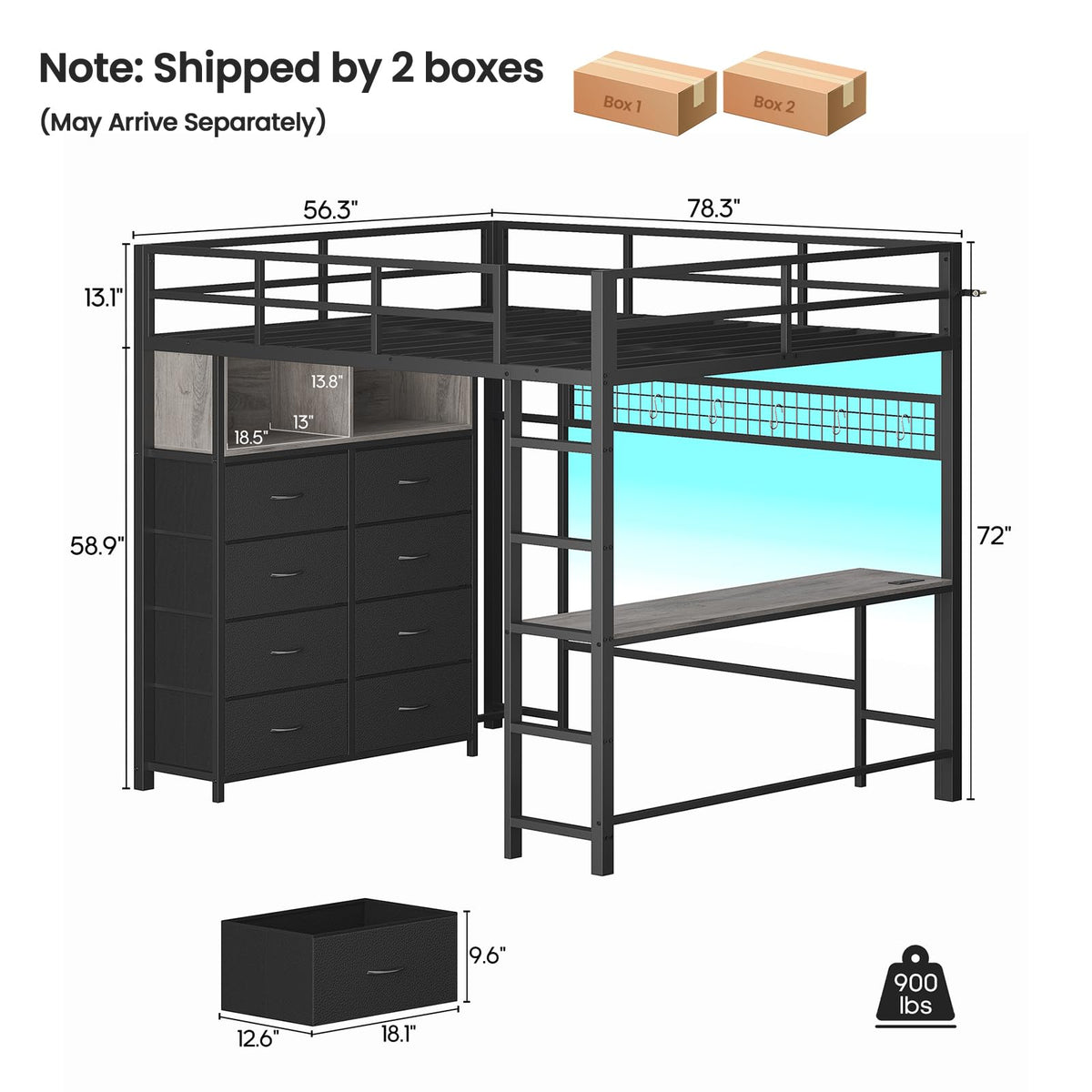 Full Size Loft Bed with Desk and 8 Storage Drawers Grey G40042