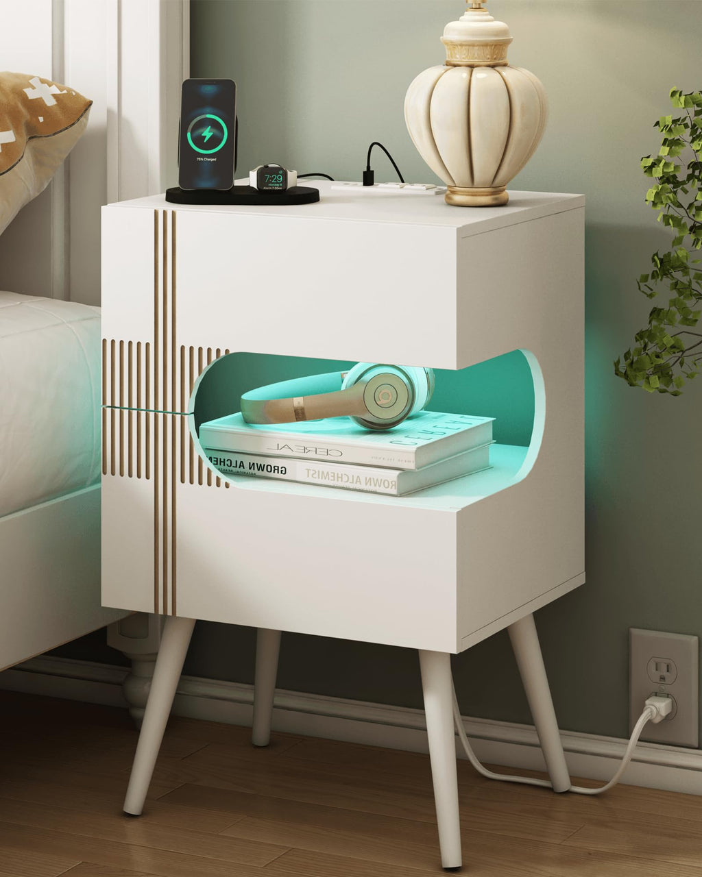 White Nightstand with Charging Station and LED Lights, 2 Storage Drawer Q70921