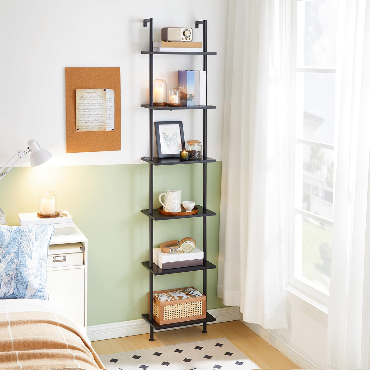 Black 6-Tier Wooden Wall Mounted Ladder Shelf J287261