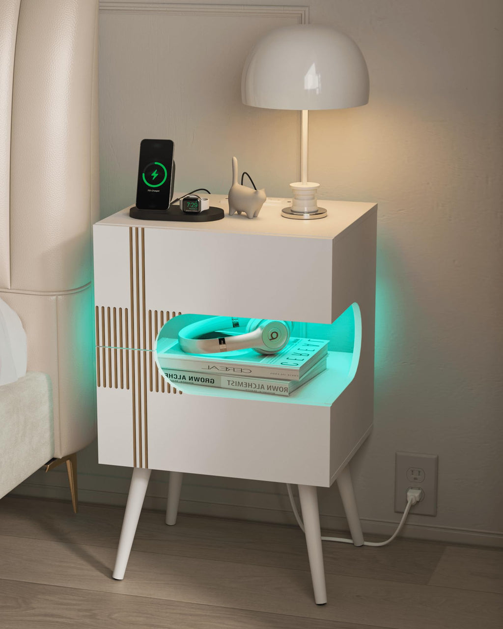 White Nightstand with Charging Station and LED Lights, 2 Storage Drawer Q70921