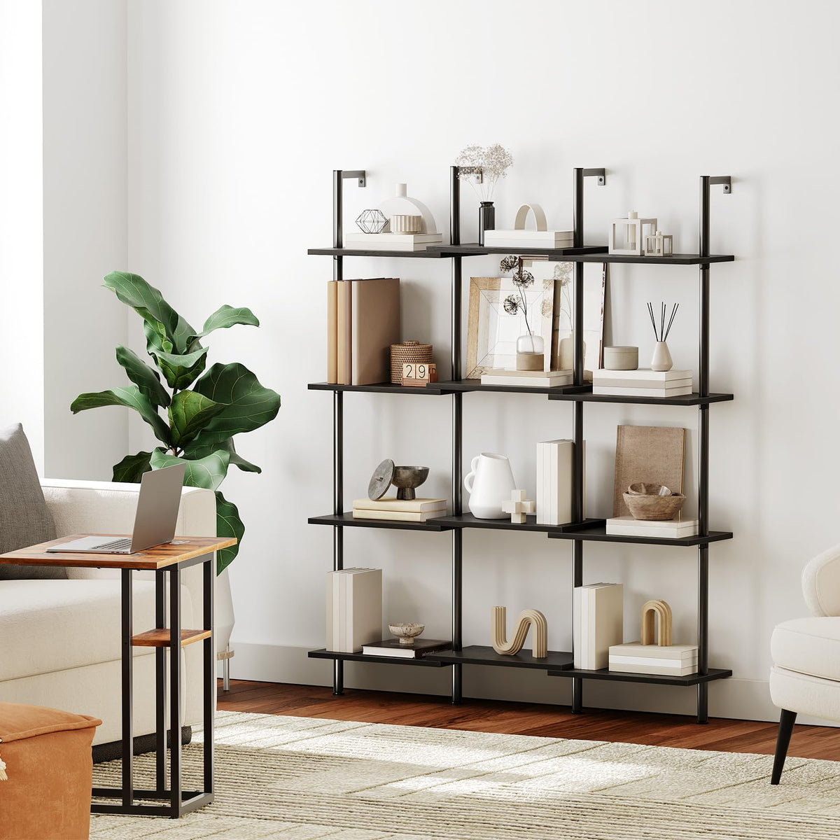 Black 6-Tier Wooden Wall Mounted Ladder Shelf J287261