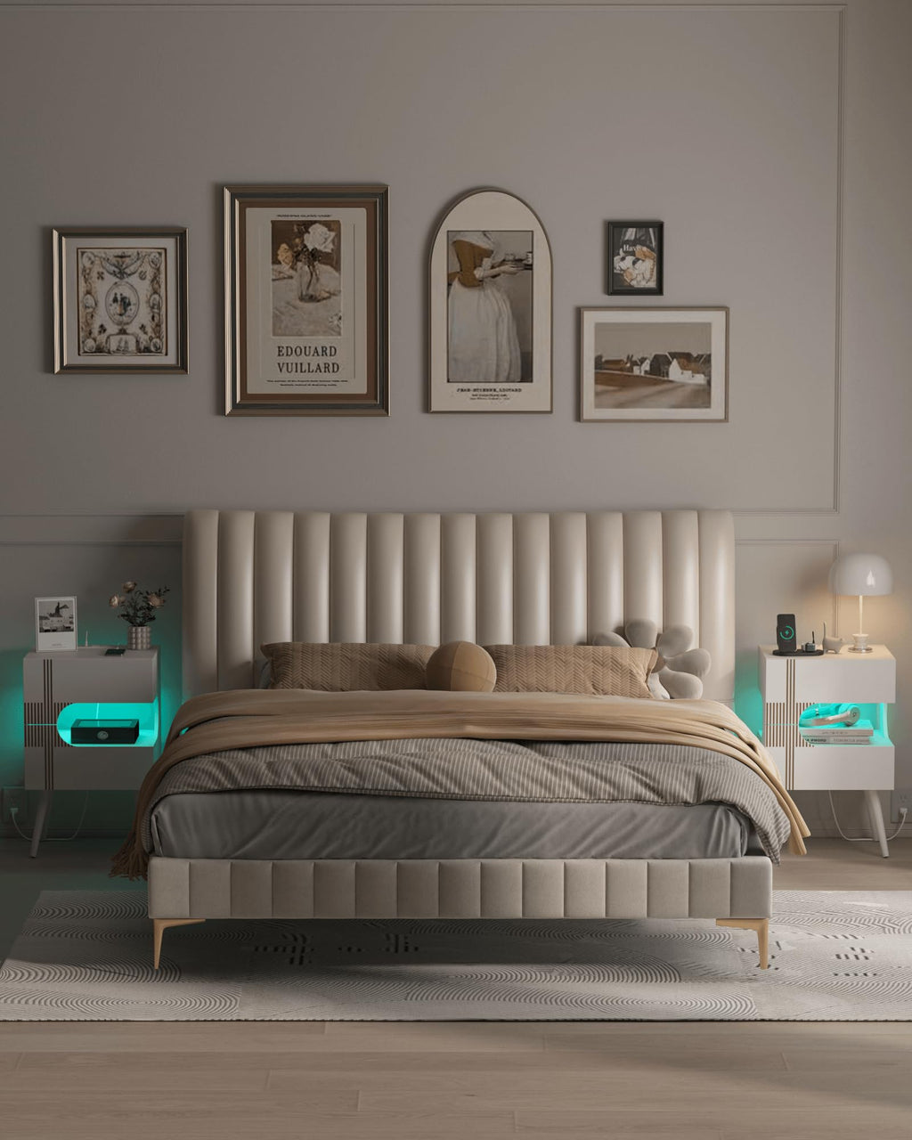 White Nightstand with Charging Station and LED Lights, 2 Storage Drawer Q70921