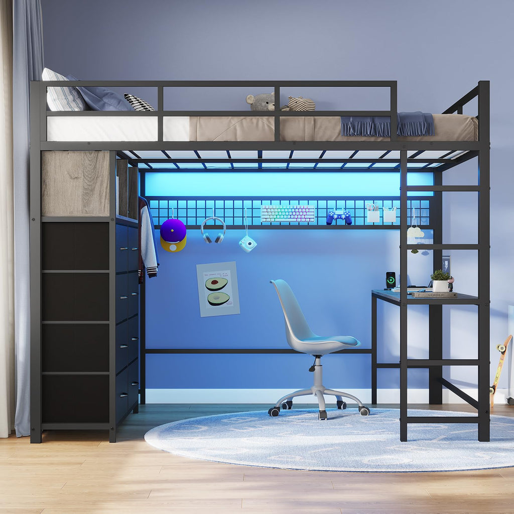 Full Size Loft Bed with Desk and 8 Storage Drawers Grey G40042