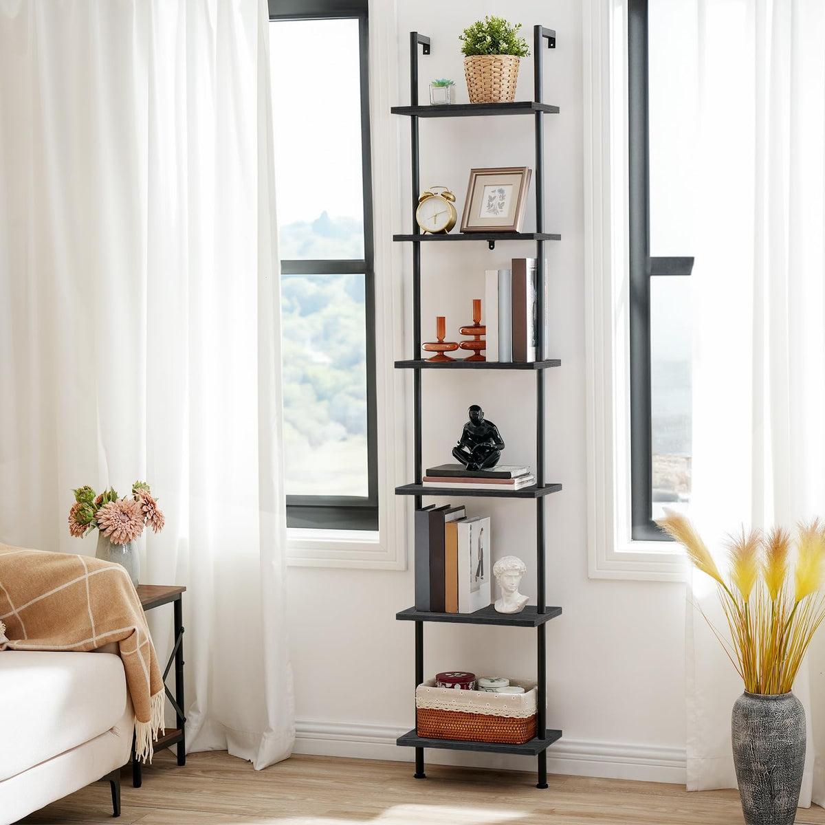 Black 6-Tier Wooden Wall Mounted Ladder Shelf J287261
