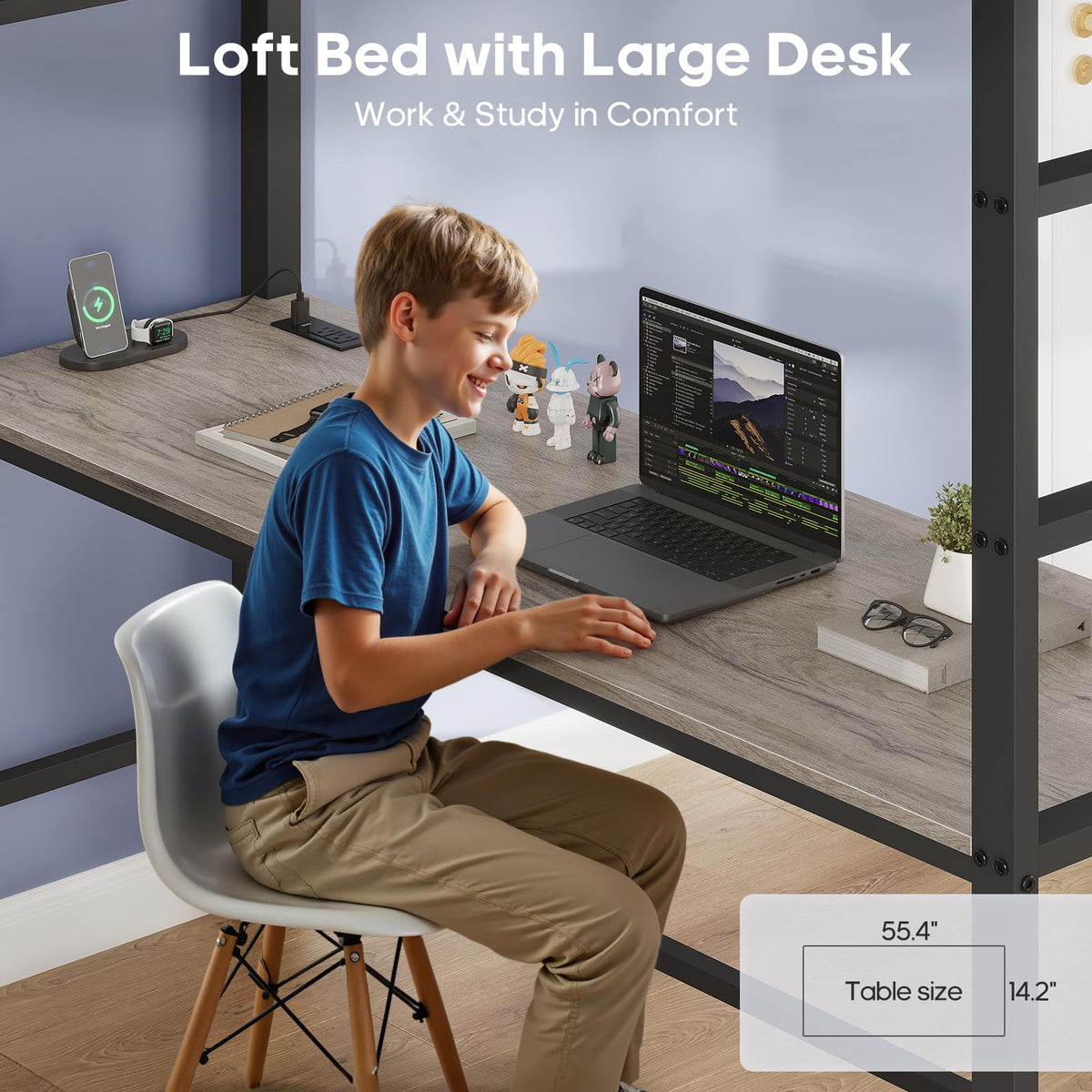 Full Size Loft Bed with Desk and 8 Storage Drawers Grey G40042