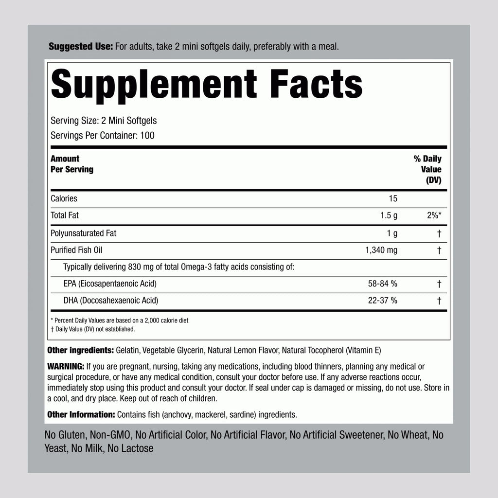 Fish Oil Omega 3 Supplement 1340 mg 200 Mini Softgels Y40624