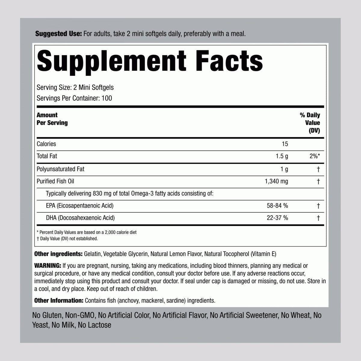 Fish Oil Omega 3 Supplement 1340 mg 200 Mini Softgels Y40624