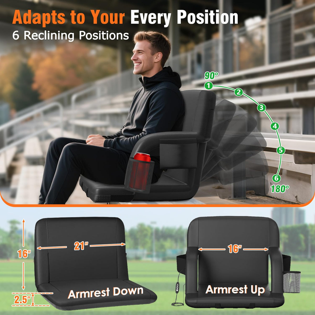 21" Wide Heated Stadium Seats for Bleachers with USB C715