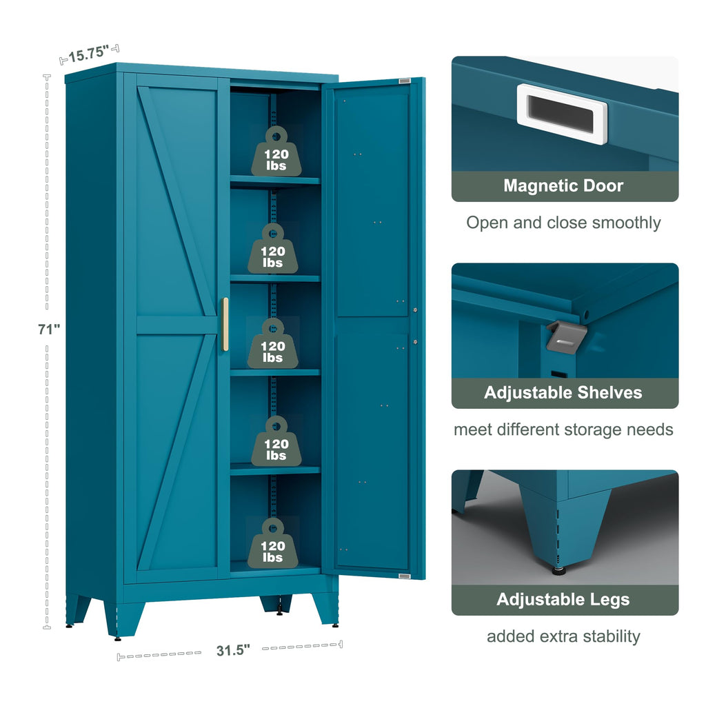 71'' Peacock Blue Metal Storage Cabinet with 4 Adjustable Shelves W245361