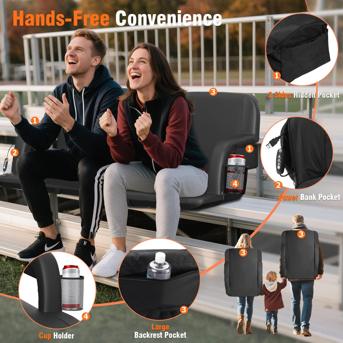 21" Wide Heated Stadium Seats for Bleachers with USB C715