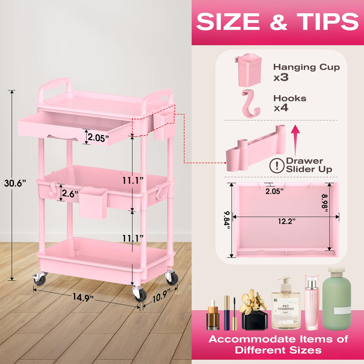 Pink 3 Tier Rolling Makeup Organizer Cart V7449