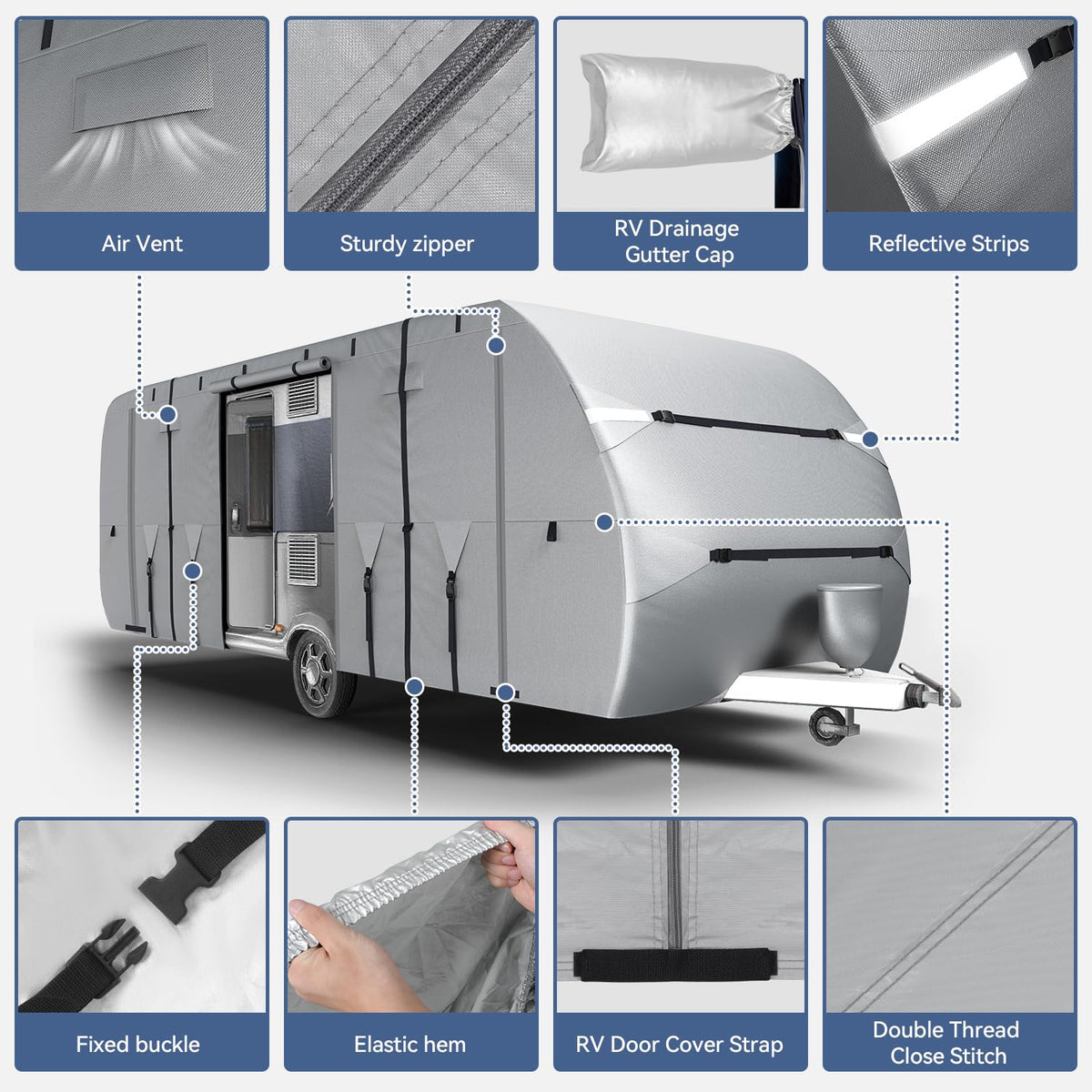 300D Oxford 27-30ft Camper Cover with Jack Cover, 4 Tire Covers and Gutter Cover B4671