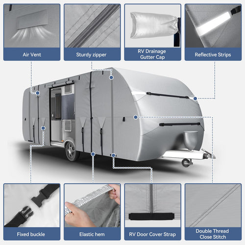 300D Oxford 27-30ft Camper Cover with Jack Cover, 4 Tire Covers and Gutter Cover B4671
