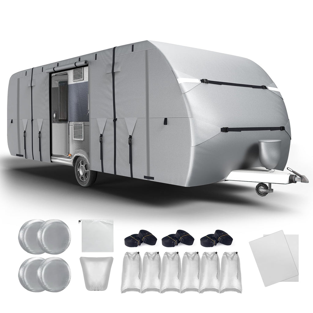 300D Oxford 27-30ft Camper Cover with Jack Cover, 4 Tire Covers and Gutter Cover B4671
