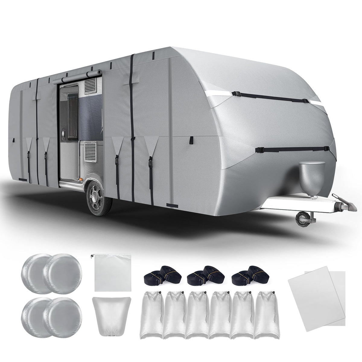 300D Oxford 27-30ft Camper Cover with Jack Cover, 4 Tire Covers and Gutter Cover B4671