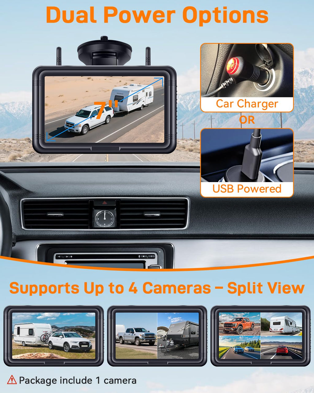 Wireless Solar Magnetic Backup Camera 7-Inch DVR Monitor 1080P HD Night Vision D628