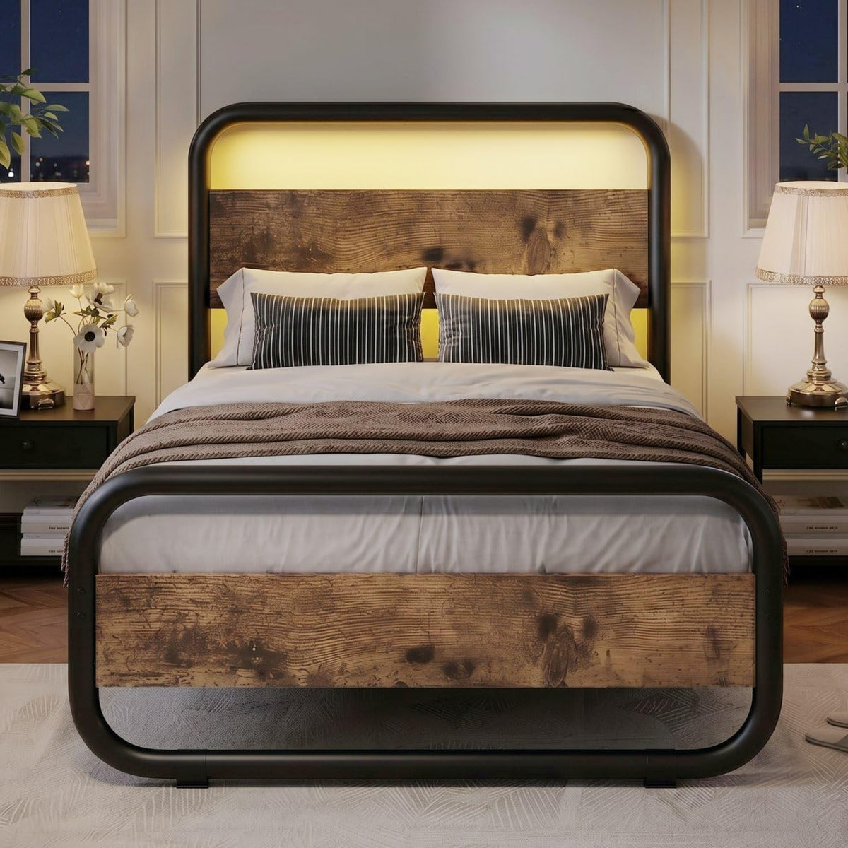 Brown Metal Platform Twin Bed Frame with Wood Headboard Z86479
