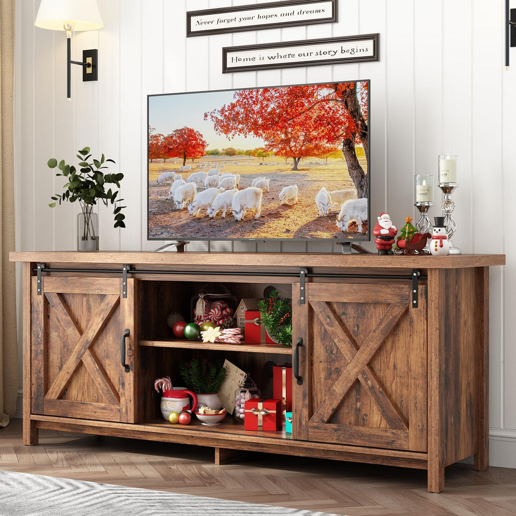 Farmhouse TV Stand with Adjustable Shelves & Sliding Barn Door I561