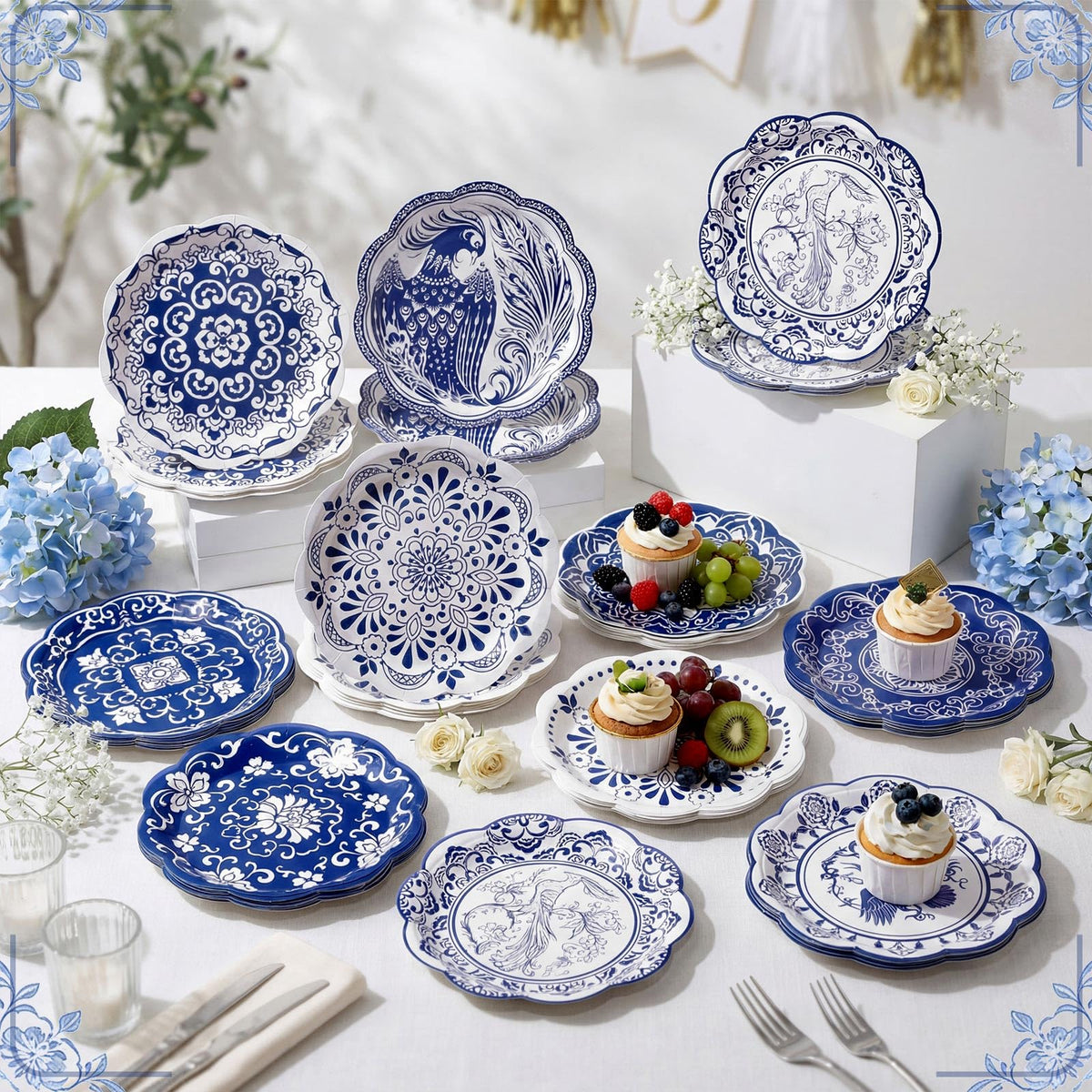 120 Pieces 7 Inch Blue Floral Paper Plates W799944