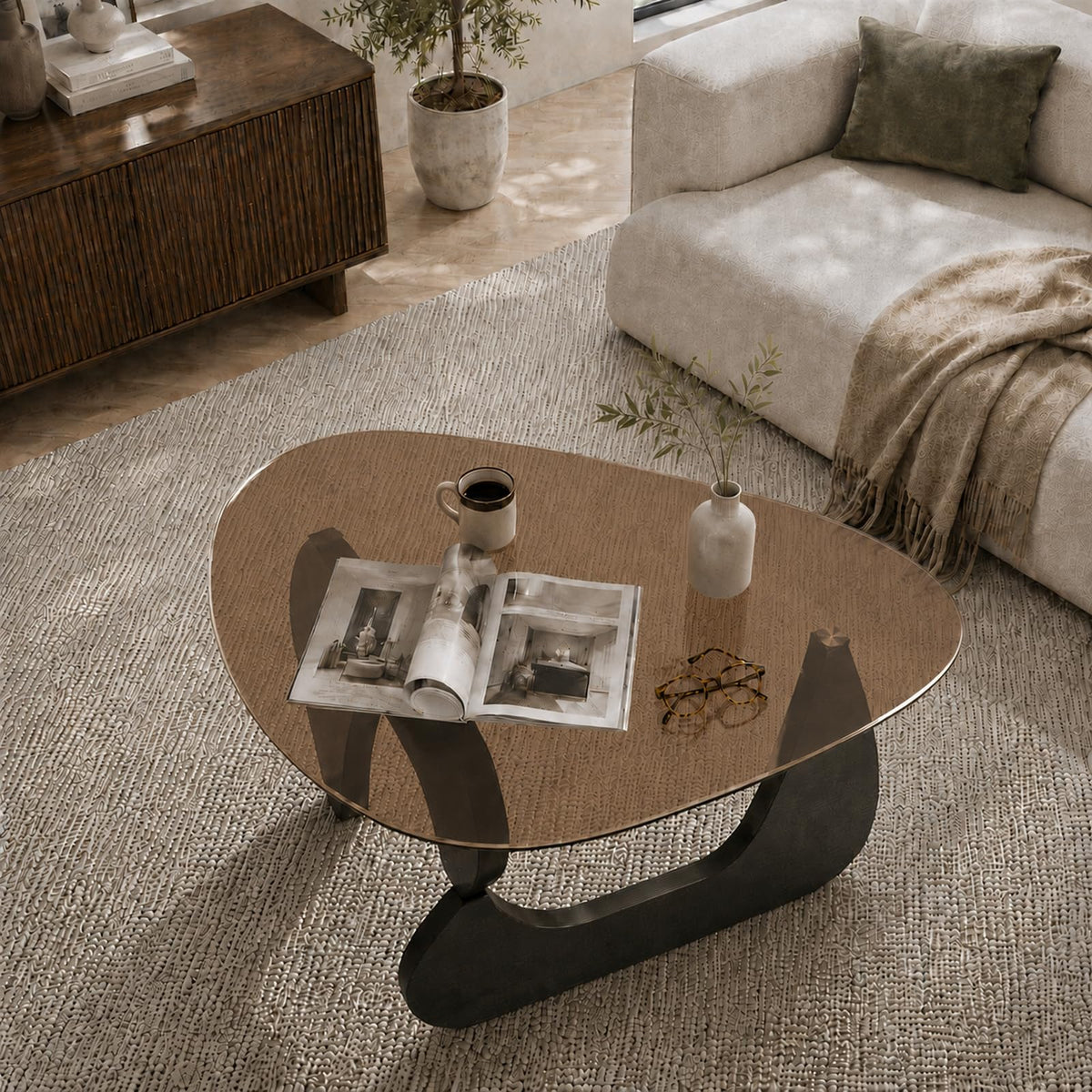 Glass Coffee Table with Black Wood Base L122