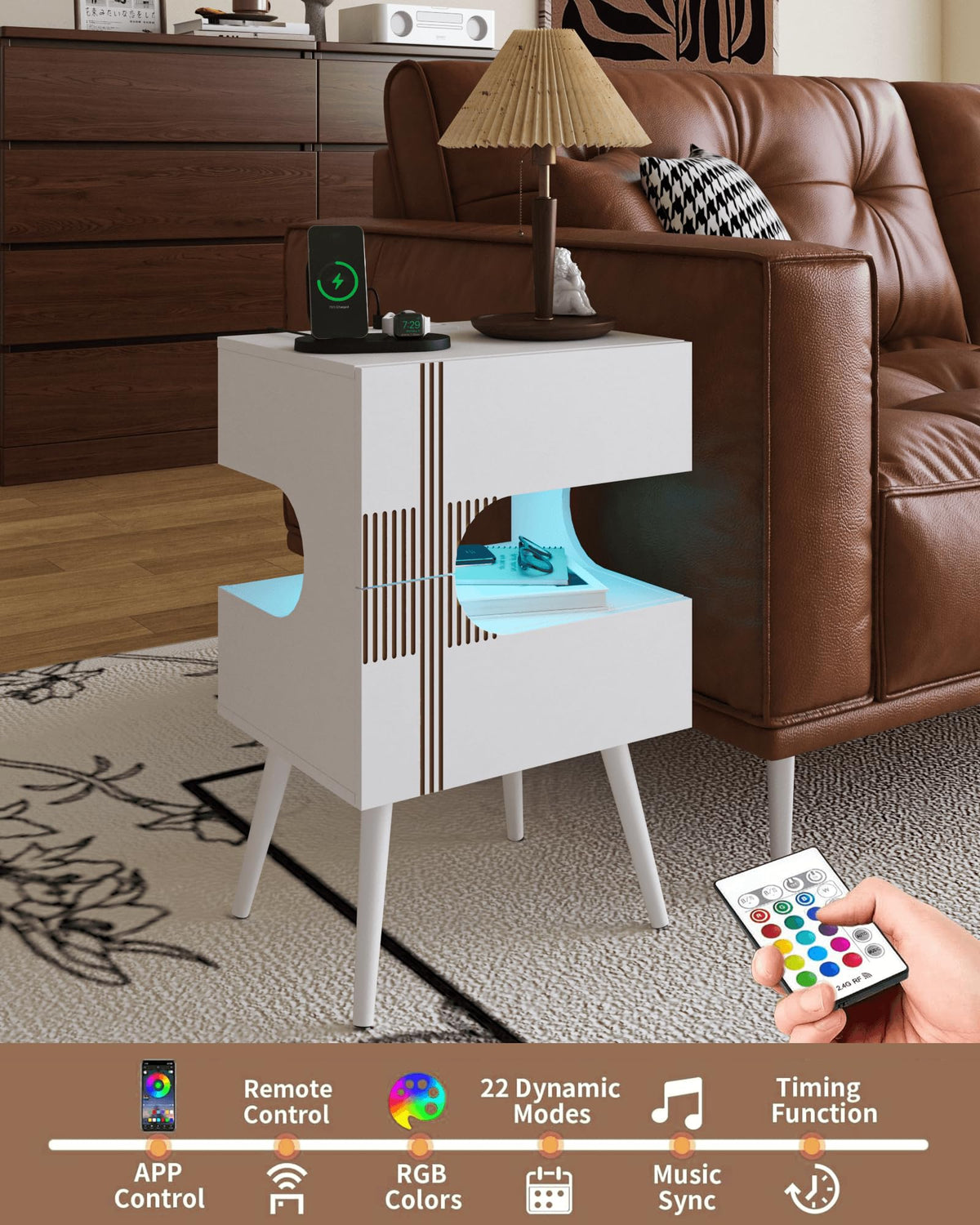 White Nightstand with Charging Station and LED Lights, 2 Storage Drawer Q70921