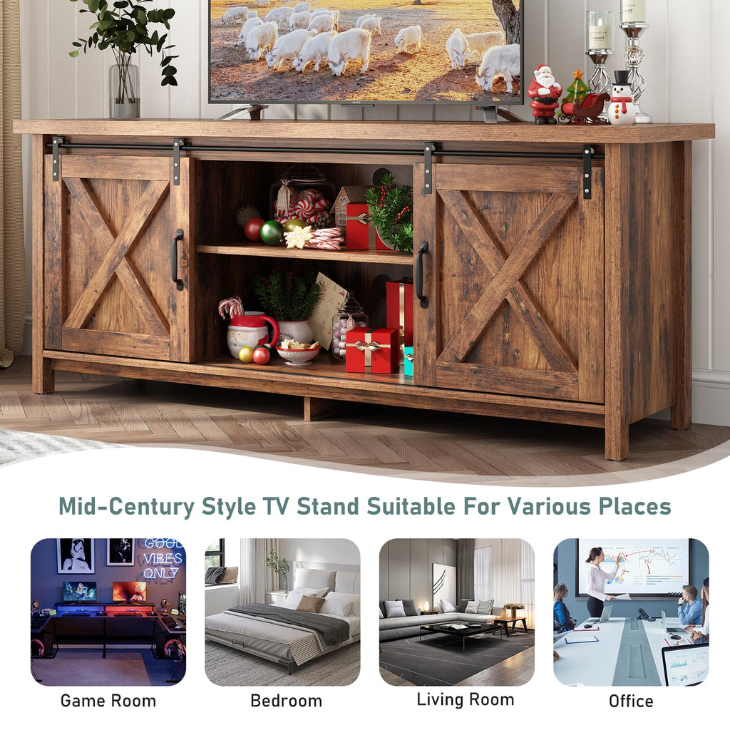 Farmhouse TV Stand with Adjustable Shelves & Sliding Barn Door I561